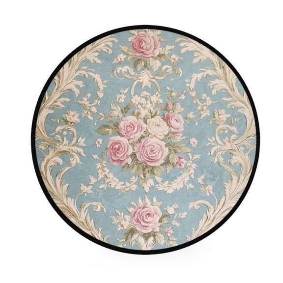 BZSMCE Round Decorative Floor Mat Classic Roses on Serene Blue Pattern 36.2IN