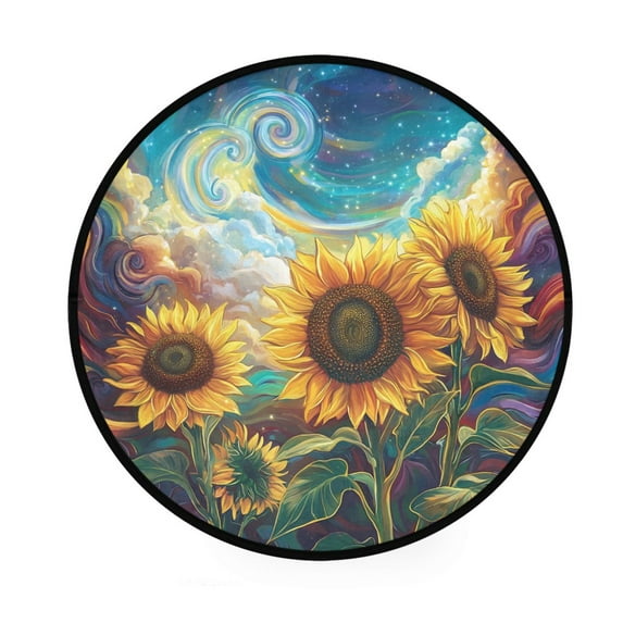 BZSMCE Round Decorative Floor Mat Dreamy Sunflowers in Colorful Universe Pattern 36.2IN