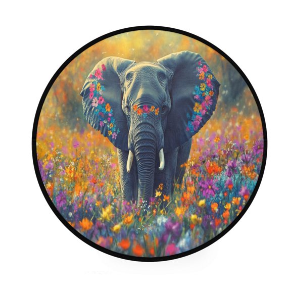 BZSMCE Round Decorative Floor Mat Elephant in Colorful Flower Field Pattern 36.2IN