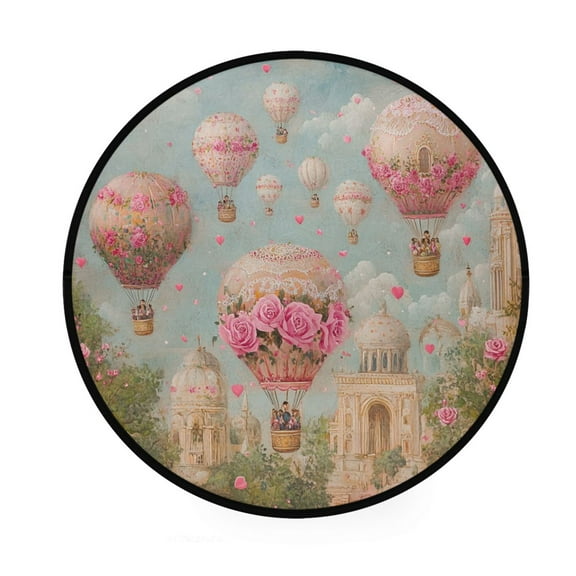 BZSMCE Round Decorative Floor Mat Hot Air Balloons with Roses Pattern 36.2IN