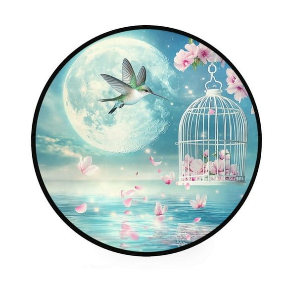 BZSMCE Round Decorative Floor Mat Hummingbird Moon Flowers Birdcage Water Pattern 36.2IN