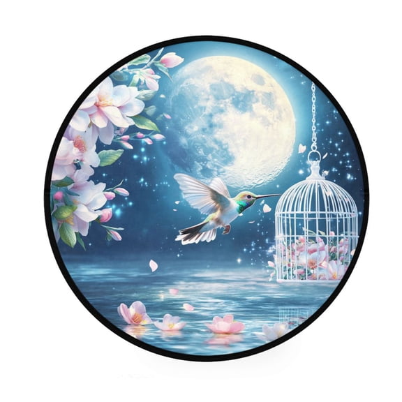 BZSMCE Round Decorative Floor Mat Hummingbird Moon Flowers Cage Water Pattern 36.2IN