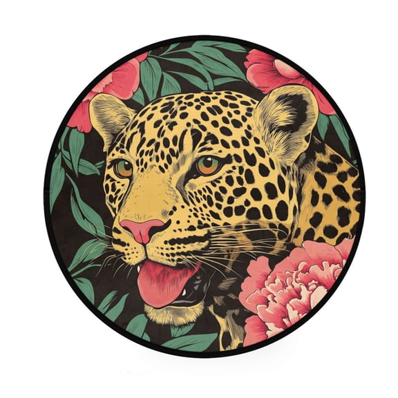 BZSMCE Round Decorative Floor Mat Leopard & Flowers Pattern 36.2IN