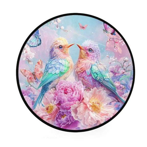 BZSMCE Round Decorative Floor Mat Pastel Birds and Butterflies Pattern 36.2IN