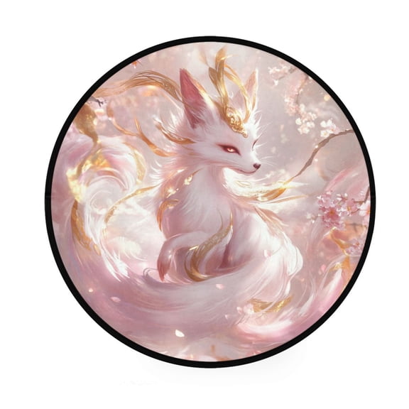 BZSMCE Round Decorative Floor Mat Pink Flower-adorned Fox Pattern 36.2IN