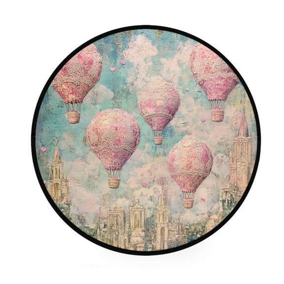 BZSMCE Round Decorative Floor Mat Pink Hot Air Balloons Vintage Pattern 36.2IN
