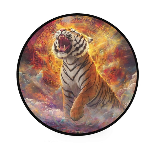 BZSMCE Round Decorative Floor Mat Powerful Tiger Roaring Pattern 36.2IN