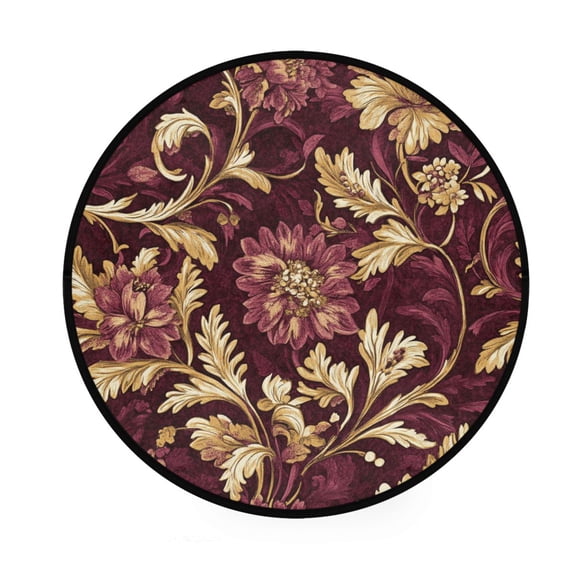 BZSMCE Round Decorative Floor Mat Red Floral Gold Filigree Pattern 36.2IN