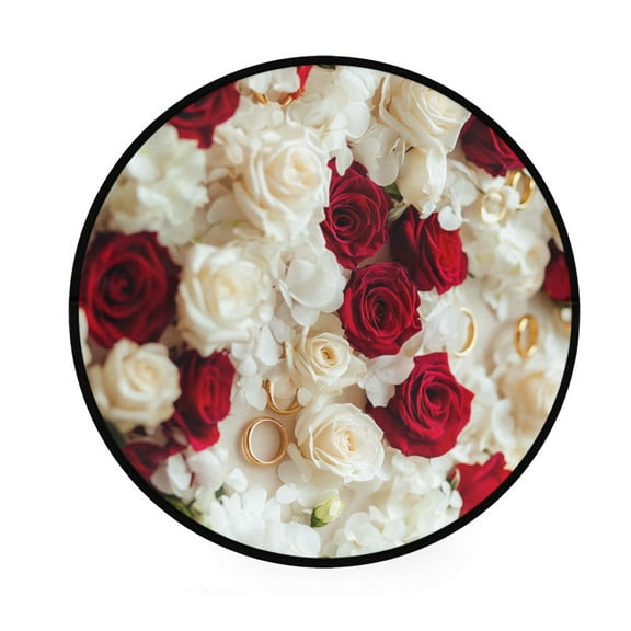 BZSMCE Round Decorative Floor Mat Roses and Gold Rings Pattern 36.2IN