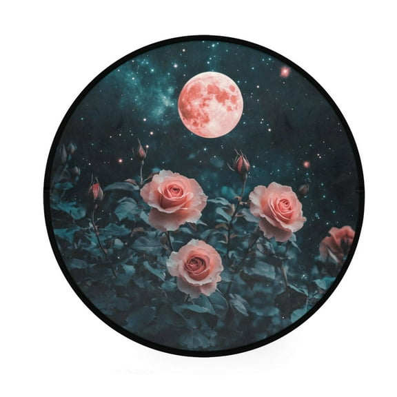 BZSMCE Round Decorative Floor Mat Roses under Red Moon Pattern 36.2IN
