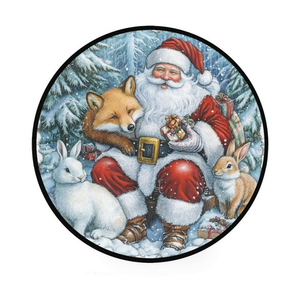 BZSMCE Round Decorative Floor Mat Santa's Woodland Friends Pattern 36.2IN