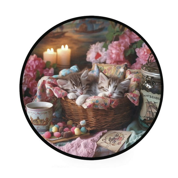 BZSMCE Round Decorative Floor Mat Sleeping Kittens in Wicker Basket Pattern 36.2IN