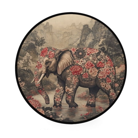 BZSMCE Round Decorative Floor Mat The Enchanted Elephant Pattern 36.2IN
