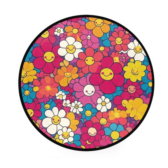 BZSMCE Round Decorative Floor Mat Vibrant Smiles in Bloom Pattern 36.2IN