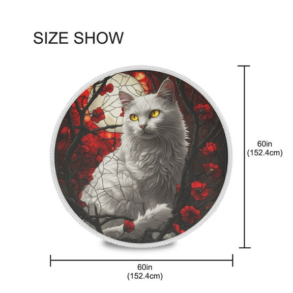 YAZAOO Round Tablecloth White Cat Red Flowers Moon Pattern Tableclothes