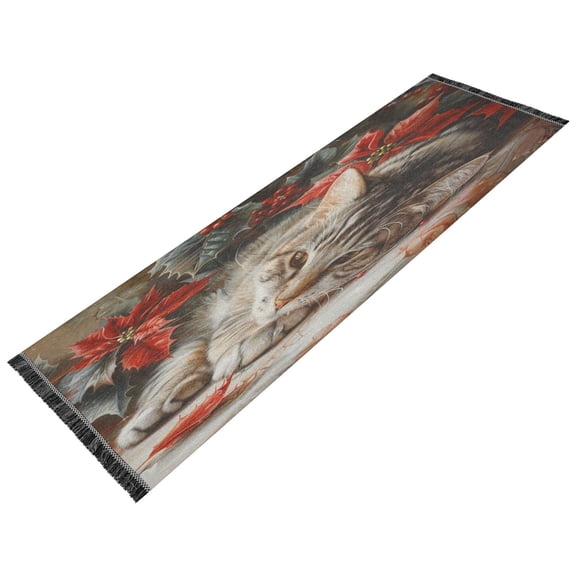 BZSMCE Runner Rug Classical Design Cat with Poinsettias Style Modern Pattern 72x23.5in Indoor Washable Rug