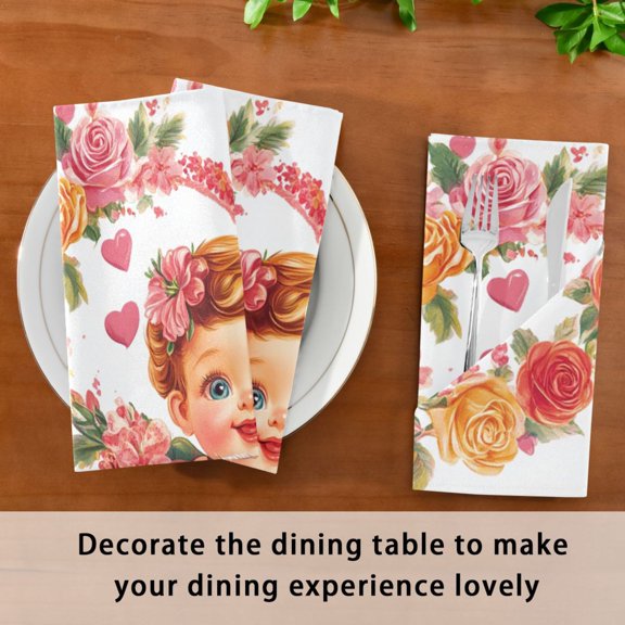 BZSMCE Satin Native Fab Cotton Dinner Napkin Cupid with Bow Roses Hearts Reusable