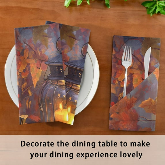BZSMCE Satin Native Fab Cotton Dinner Napkin Lantern with Candle and Pumpkins Reusable