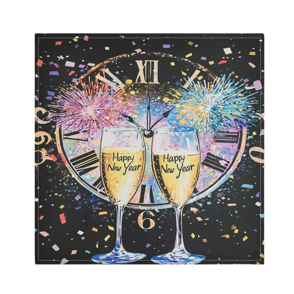 BZSMCE Satin Native Fab Cotton Dinner Napkin New Year Celebration Clock Fireworks Reusable