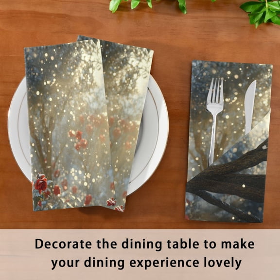 BZSMCE Satin Native Fab Cotton Dinner Napkin Snowy Path with Red Roses Reusable