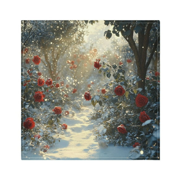 BZSMCE Satin Native Fab Cotton Dinner Napkin Snowy Path with Red Roses Reusable