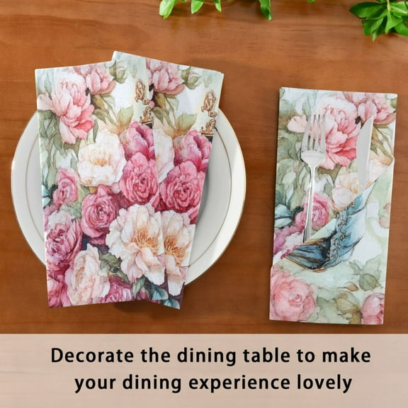 BZSMCE Satin Native Fab Cotton Dinner Napkin Victorian Carriage with Roses Reusable