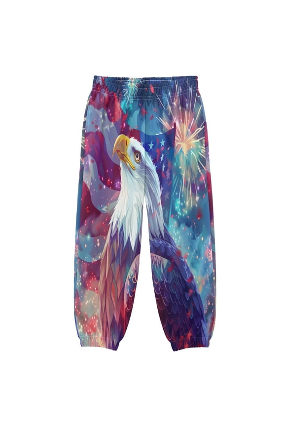 BZSMCE Seahawk American Flag Fireworks Print Elastic Waist Jogger Pants Lightweight Wind Resistant Casual Athletic Trousers with Cuffed Ankles & Side Pockets