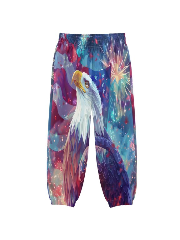 BZSMCE Seahawk American Flag Fireworks Print Elastic Waist Jogger Pants Lightweight Wind Resistant Casual Athletic Trousers with Cuffed Ankles & Side Pockets