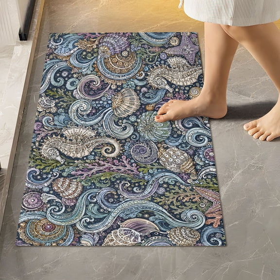 BZSMCE Seahorses Shells Coral Pattern 2-Piece Non-Slip Absorbent Bathroom Rug Set, Soft Bath Mat & Toilet Rug