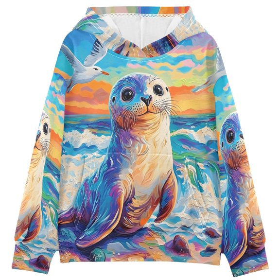 BZSMCE Seal Beach Print Hoodie Casual Pullover Sweatshirt With Kangaroo Pocket