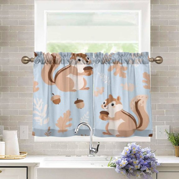 BZSMCE Set of 2 Pieces Kitchen Window Curtain Fashion Acorn Squirrel Pattern 27x24in/27x36in