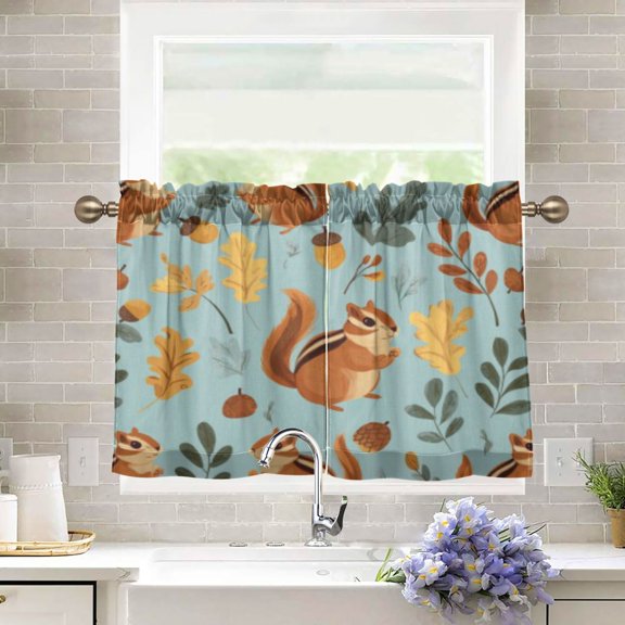 BZSMCE Set of 2 Pieces Kitchen Window Curtain Fashion Autumn Squirrel Pattern 27x24in/27x36in