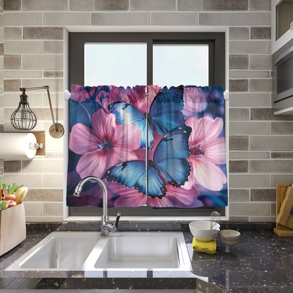 BZSMCE Set of 2 Pieces Kitchen Window Curtain Fashion Azure Dance Printed 27x24in/27x36in