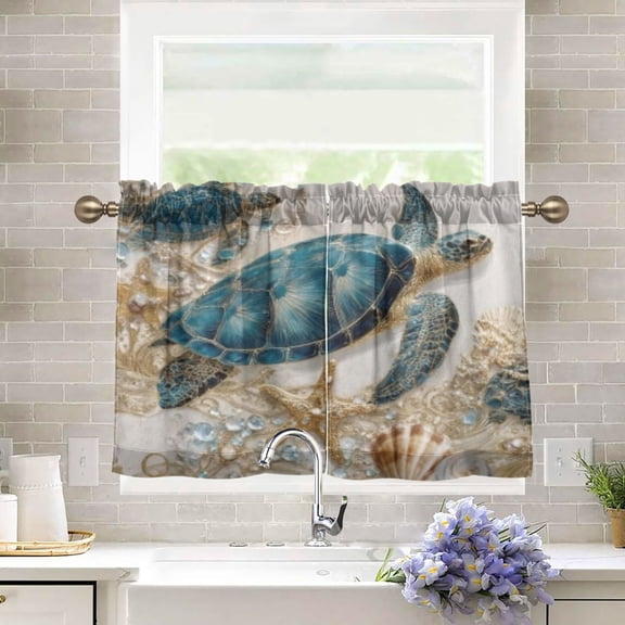 BZSMCE Set of 2 Pieces Kitchen Window Curtain Fashion Azure Jeweled Turtle Pattern 27x24in/27x36in