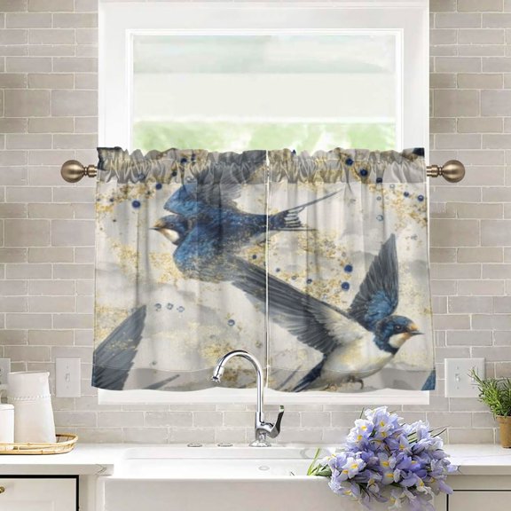 BZSMCE Set of 2 Pieces Kitchen Window Curtain Fashion Azure Swallows Pattern 27x24in/27x36in