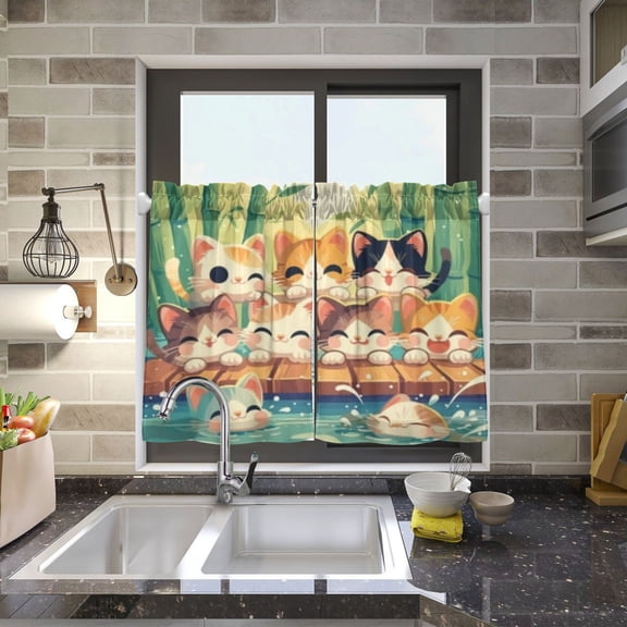 BZSMCE Set of 2 Pieces Kitchen Window Curtain Fashion Bamboo Edge Cats and Fishes Pattern 27x24in/27x36in