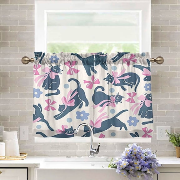 BZSMCE Set of 2 Pieces Kitchen Window Curtain Fashion Black Cat Bow Pattern 27x24in/27x36in