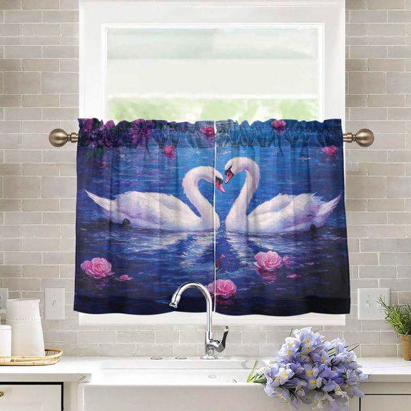 BZSMCE Set of 2 Pieces Kitchen Window Curtain Fashion Blissful Swans in Blue Printed 27x24in/27x36in