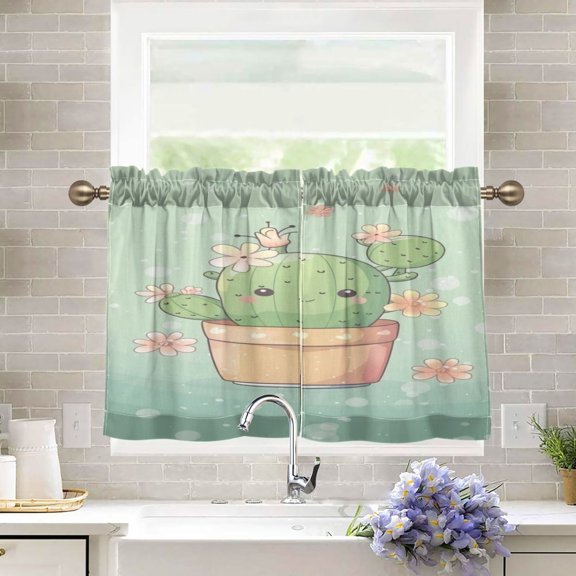 BZSMCE Set of 2 Pieces Kitchen Window Curtain Fashion Blooming Pastel Cactus Pattern 27x24in/27x36in