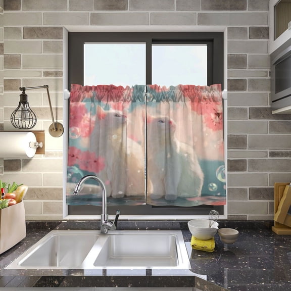 BZSMCE Set of 2 Pieces Kitchen Window Curtain Fashion Blossom Cats and Bubbles Pattern 27x24in/27x36in