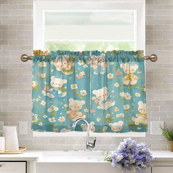 BZSMCE Set of 2 Pieces Kitchen Window Curtain Fashion Blue Bear Pattern 27x24in/27x36in