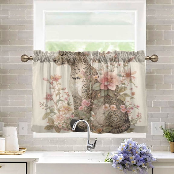 BZSMCE Set of 2 Pieces Kitchen Window Curtain Fashion Botanical Leopard's Quiet Contemplation Pattern 27x24in/27x36in