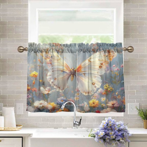 BZSMCE Set of 2 Pieces Kitchen Window Curtain Fashion Butterfly Bliss Printed 27x24in/27x36in