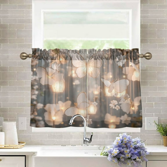 BZSMCE Set of 2 Pieces Kitchen Window Curtain Fashion Butterfly Lanterns Floral Decor Printed 27x24in/27x36in