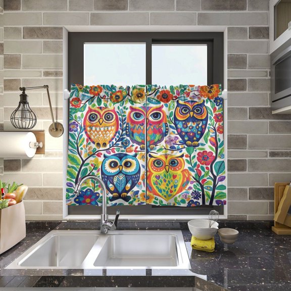 BZSMCE Set of 2 Pieces Kitchen Window Curtain Fashion Charming Owls Amongst Nature Printed 27x24in/27x36in