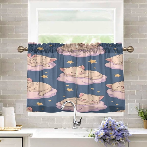 BZSMCE Set of 2 Pieces Kitchen Window Curtain Fashion Cloud Cat Nap Pattern 27x24in/27x36in