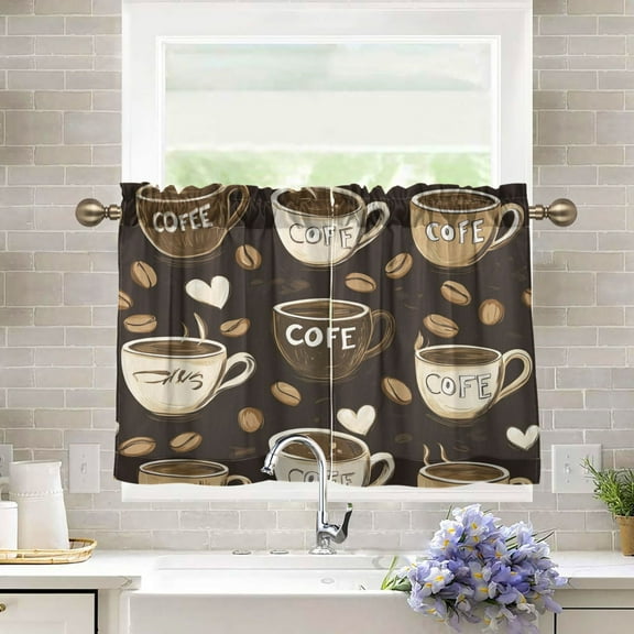 BZSMCE Set of 2 Pieces Kitchen Window Curtain Fashion Coffee Moments Printed 27x24in/27x36in