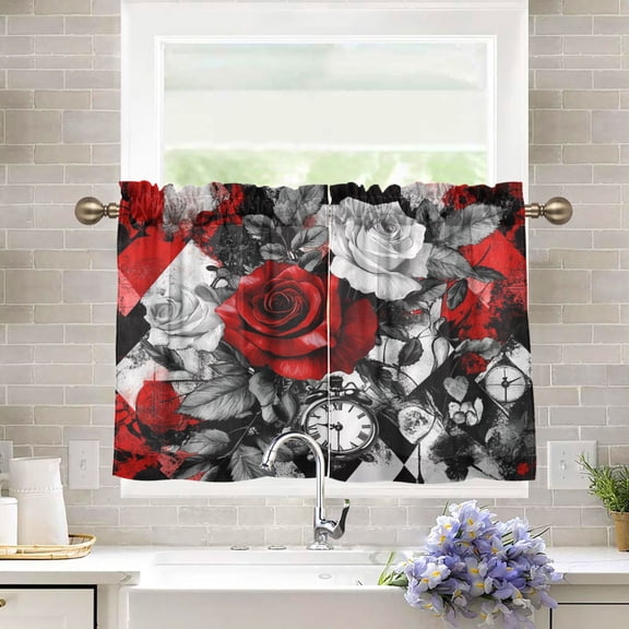 BZSMCE Set of 2 Pieces Kitchen Window Curtain Fashion Crimson Dreams Printed 27x24in/27x36in