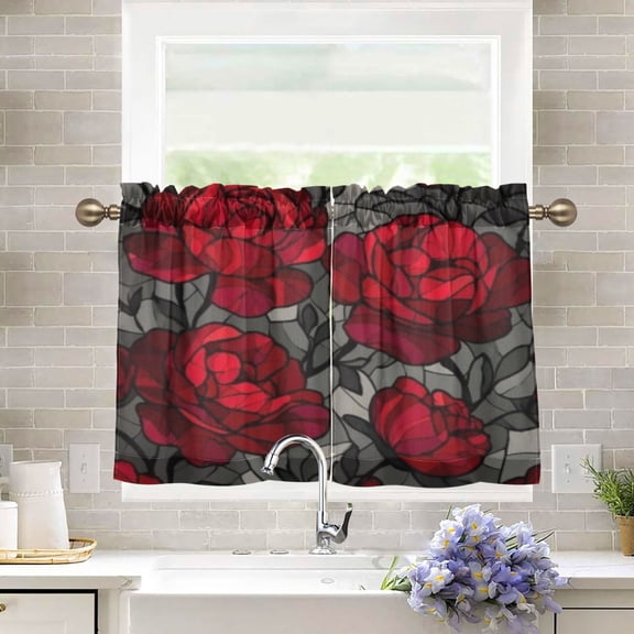 BZSMCE Set of 2 Pieces Kitchen Window Curtain Fashion Crimson Rose Noir Pattern 27x24in/27x36in