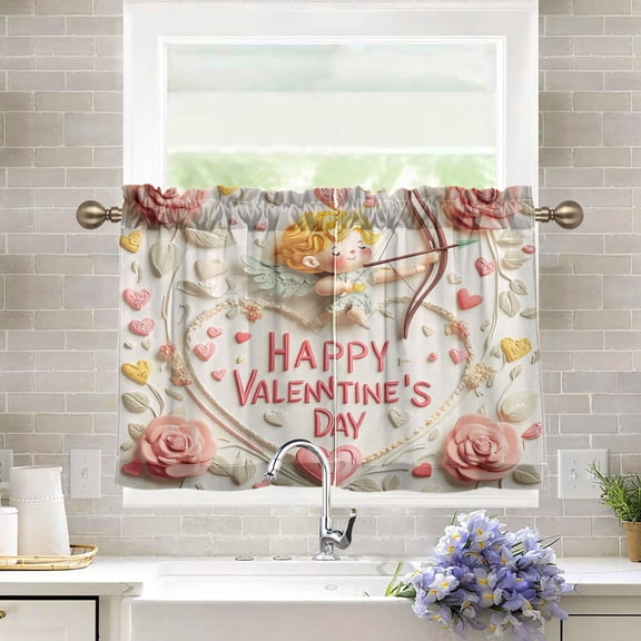 BZSMCE Set of 2 Pieces Kitchen Window Curtain Fashion Cupid’s Touch Printed 27x24in/27x36in